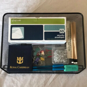 Black mesh letter tray and office supplies